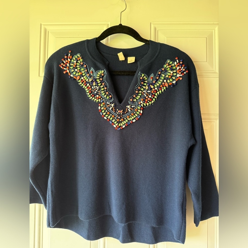 Anthropologie Moth Embroidered Embellished 3/4 Sleeve Pullover Blue Sweater - Picture 2 of 8